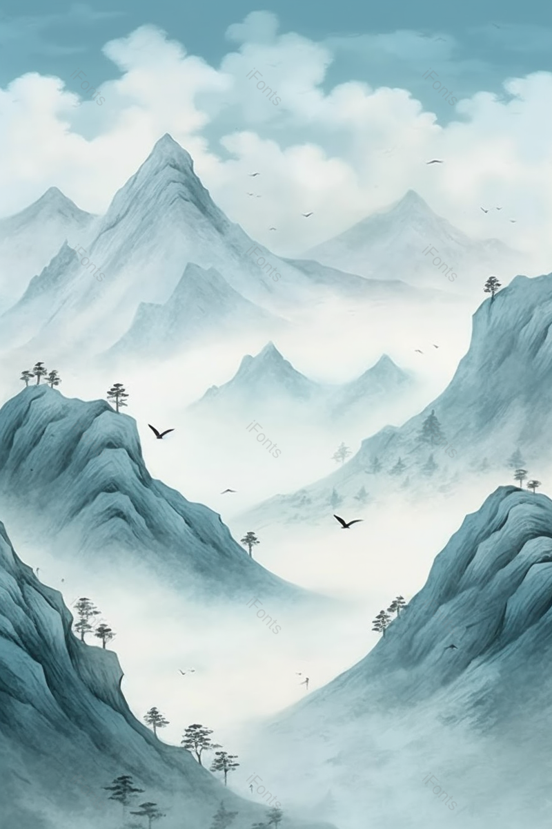 中国风蓝色山水国画雾海中的山峰,插画/手绘图,插画/手绘图库,插画/手绘图下载,插画/手绘